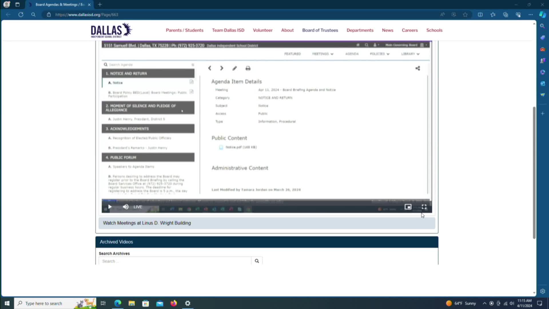 Dallas ISD Board Meetings - en espanol | Live Stream - April 11, 2024, 3:10 pm Thumbnail