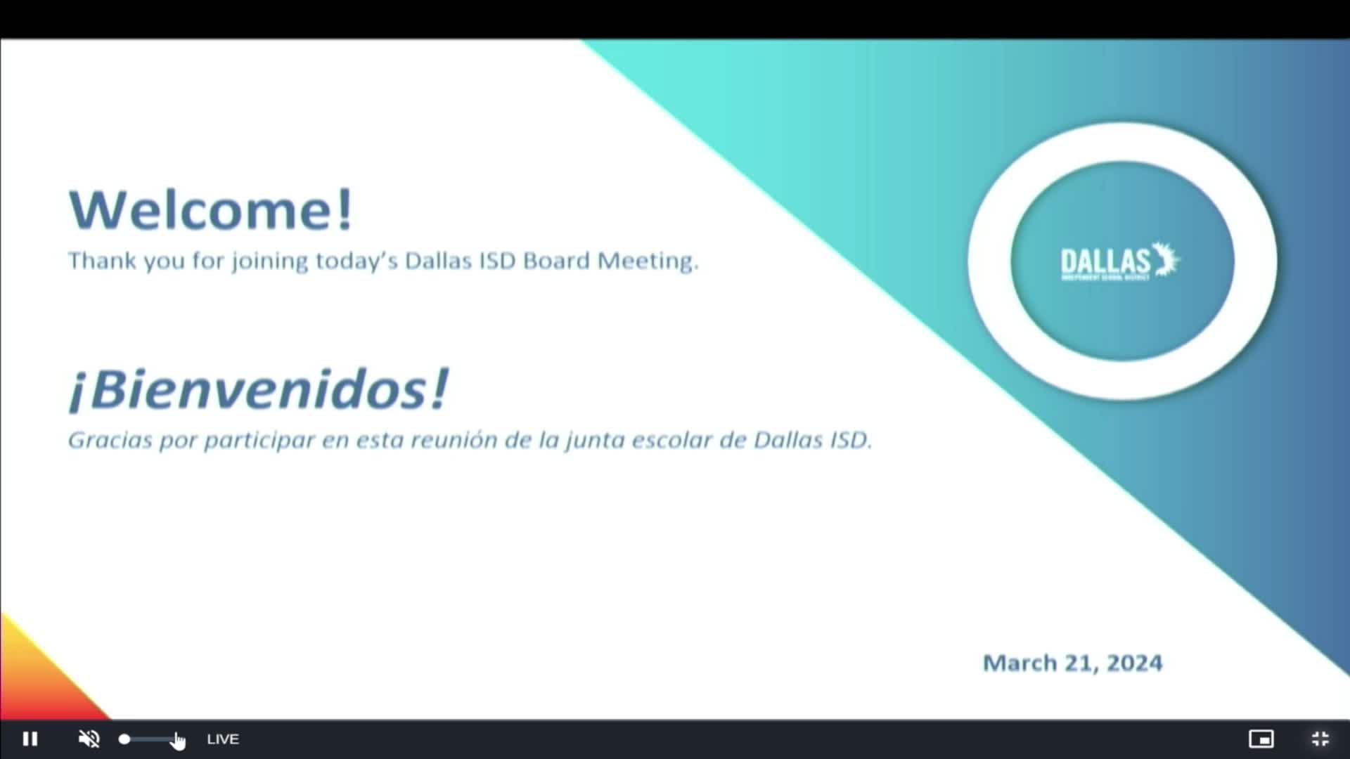 Dallas ISD Board Meetings - en espanol | Live Stream - March 21, 2024, 9:01 pm Thumbnail